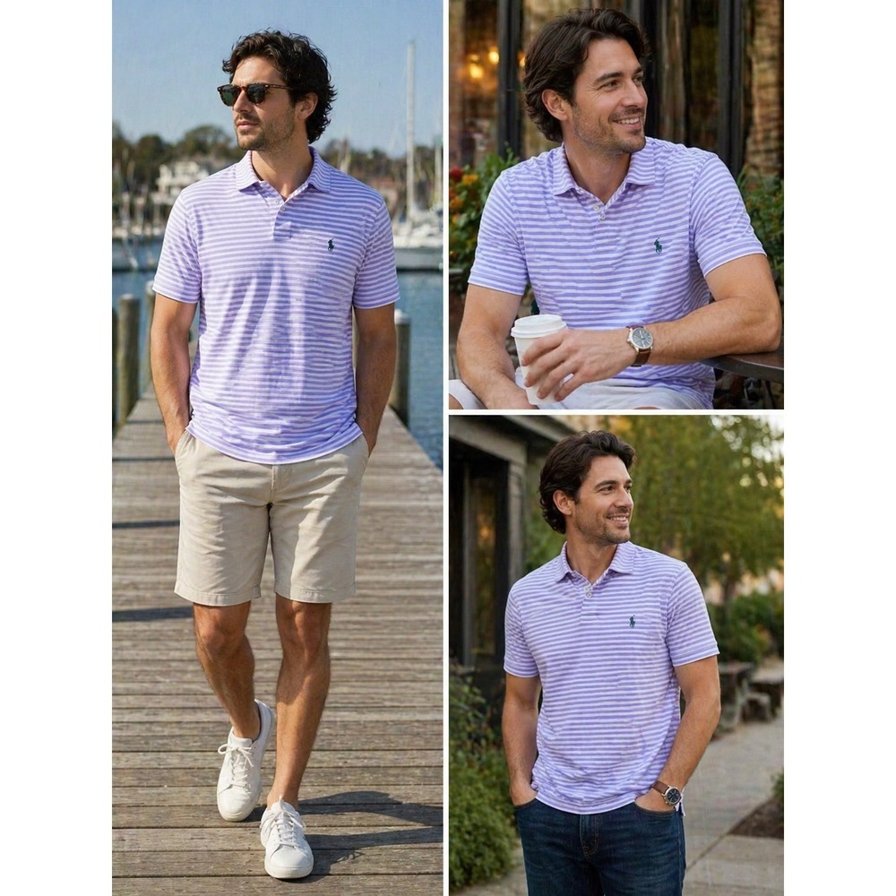 Polo‎ Ralph Lauren Mens XL Classic Fit Striped Pocket Polo Shirt Purple White